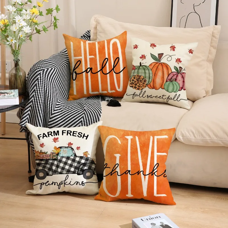 

Fall Pillow Covers 45x45cm Set of 4, Pumpkin Home Sweet Home Thankful Grateful Blessed Harvest Floral Decorations for Sofa Couch