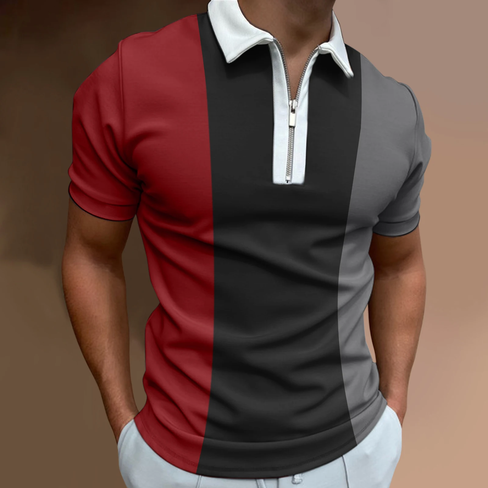 Men\'s Solid Color Striped Polo Shirt Short Sleeve Golf Turn-down Collar Zipper Polo Shirt&for Men Casual Streetwear Summer Tops