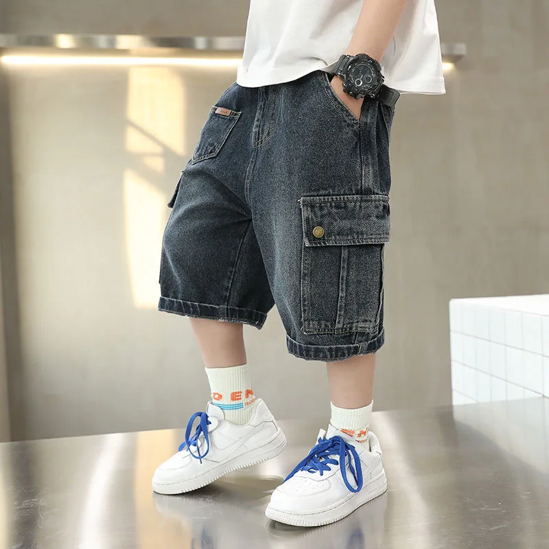 Boys Cargo Denim Shorts Fashion Baggy Knee-length Shorts Jeans with Multi Pockets New 2026 Kids Summer Casual Streetwear