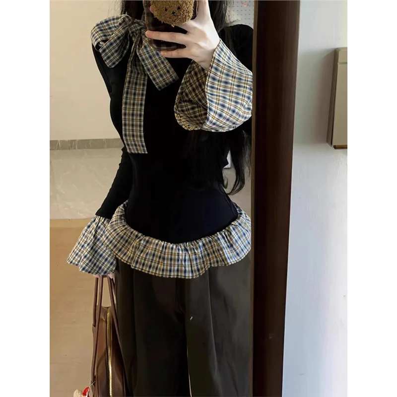 Women's Long Sleeve Thermal Top with Bow Tie Design Slim Fit Waist Control Fake Two-Piece Style Underwear T-Shirt for Autumn ...