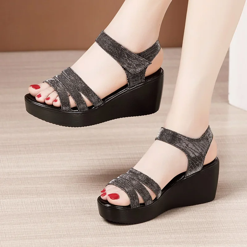 6cm Medium Heels Wedges Shoes for Women 2025 Summer Bling Casual Beach Office Thick Sole Platform Sandals Small Size 32-43