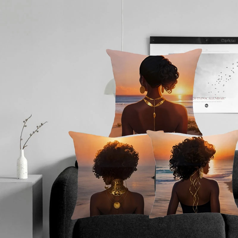 3pcs, Black Woman Short Plush Cushion Cover, Summer Watching The Sunset By The Seaside Home Decoration Bedroom Sofa Pillowcase