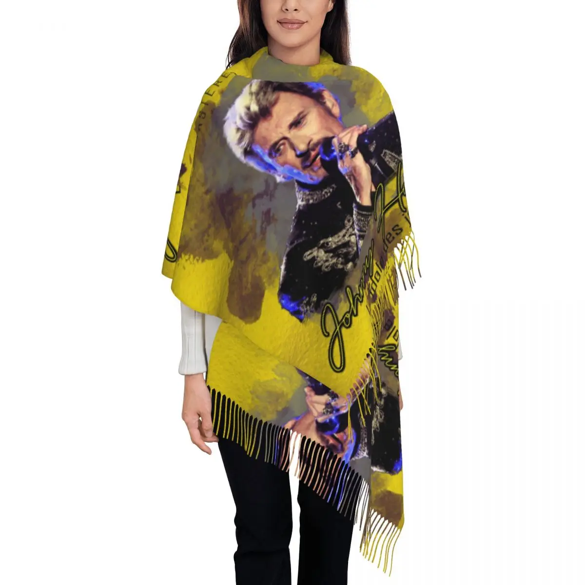 Womens Scarf with Tassel Johnny Hallyday Long Super Soft Shawl Wrap Singer Daily Wear Pashmina Scarves
