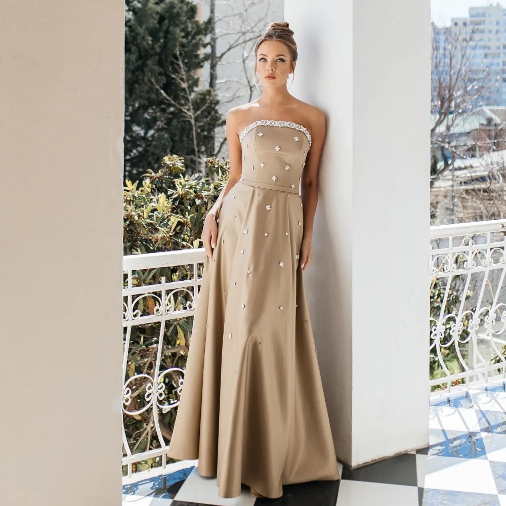 

Customized Modern Style Charmeuse Sequined A-line Strapless Long Dresses Bespoke Occasion Elegant High Quality