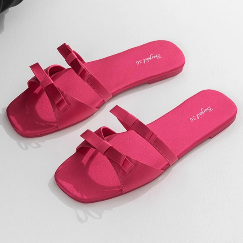 

Sweet Butterfly Knot Decorated Flat Slippers Women Summer Sexy Open-Toe Beach Slide Sandals Comfortable Non-Slip House Slippers