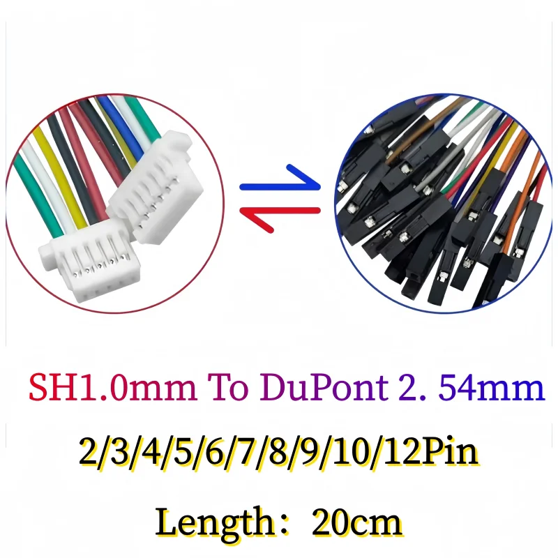 5pcs/lot Sh1.0mm to DuPont 2. 54mm-1P Cable Connection/Terminal Wire Long 20cm 2p 3p 4p 5p-12p