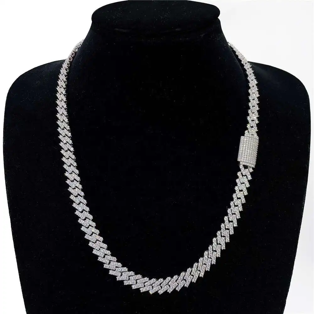 Luxury Fully Setting Iced Out 10mm Width One Row Cuban Link Silver 925 Iced Cuban Link.