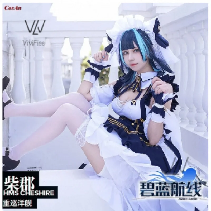 In Stock Cheshire Cosplay Costume Azur Lane Cat Maid Girl Hms Long Dress Full Set Wig Halloween Xmas