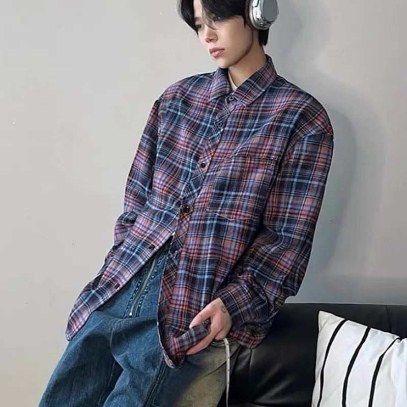Gradient Purple Checked Shirt Men Thick Warm Winter Outfit Vintage Style Button Up Casual Shirt Jacket Man And Womans New Shirts