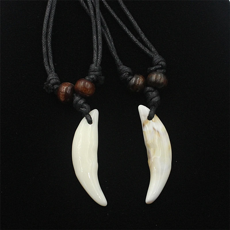 Adjustable Black Beaded Cord Faux Wolf Tooth Pendant Necklace Acrylic 2 Colors Tribal Surfer Jewelry