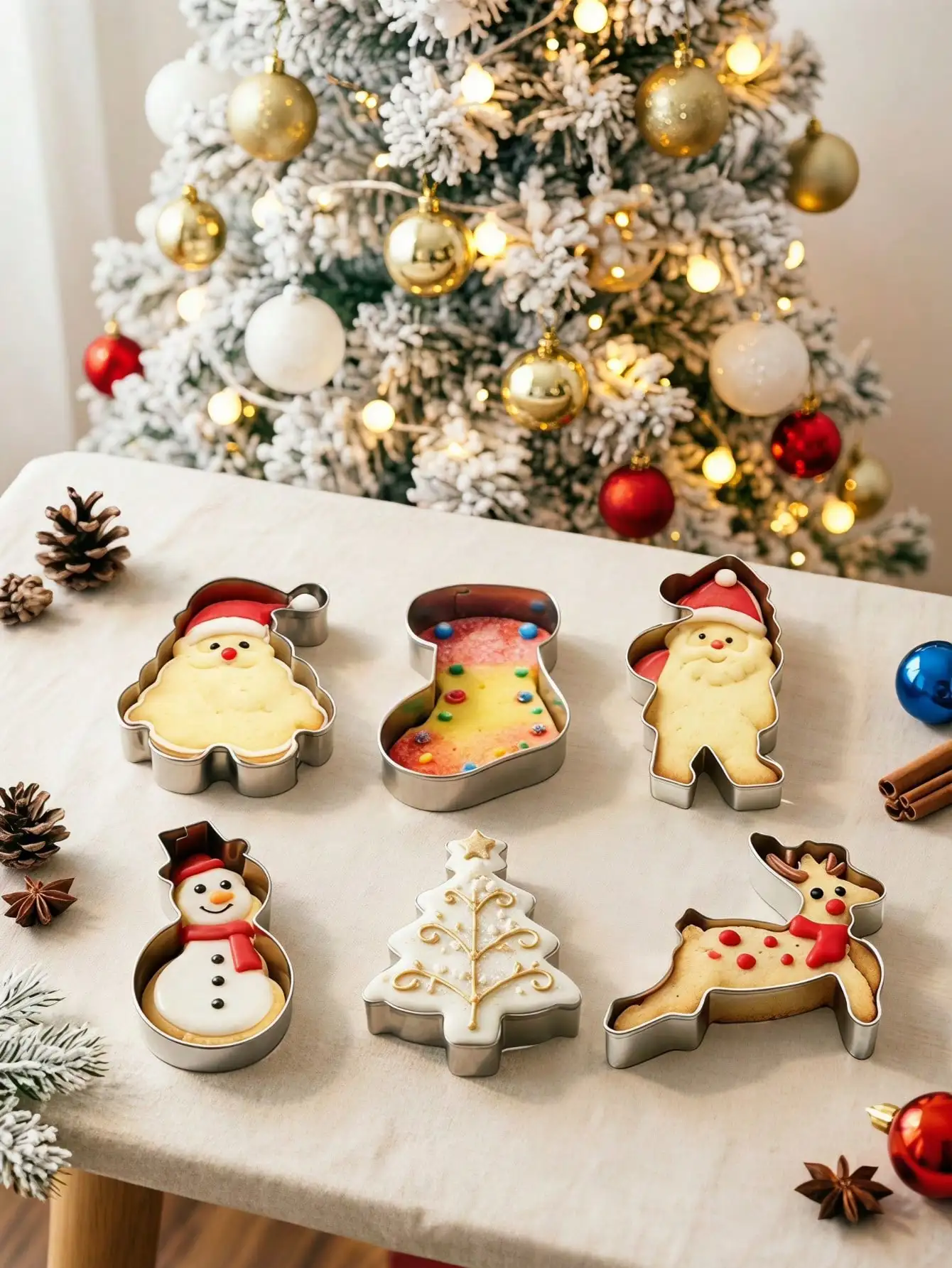 6-Piece Cookie Cutting Set, Stainless Steel Cookie Mold With Santa Claus Face, Christmas Tree, Reindeer, Christmas Socks, Snowman, Christmas Party Decorations