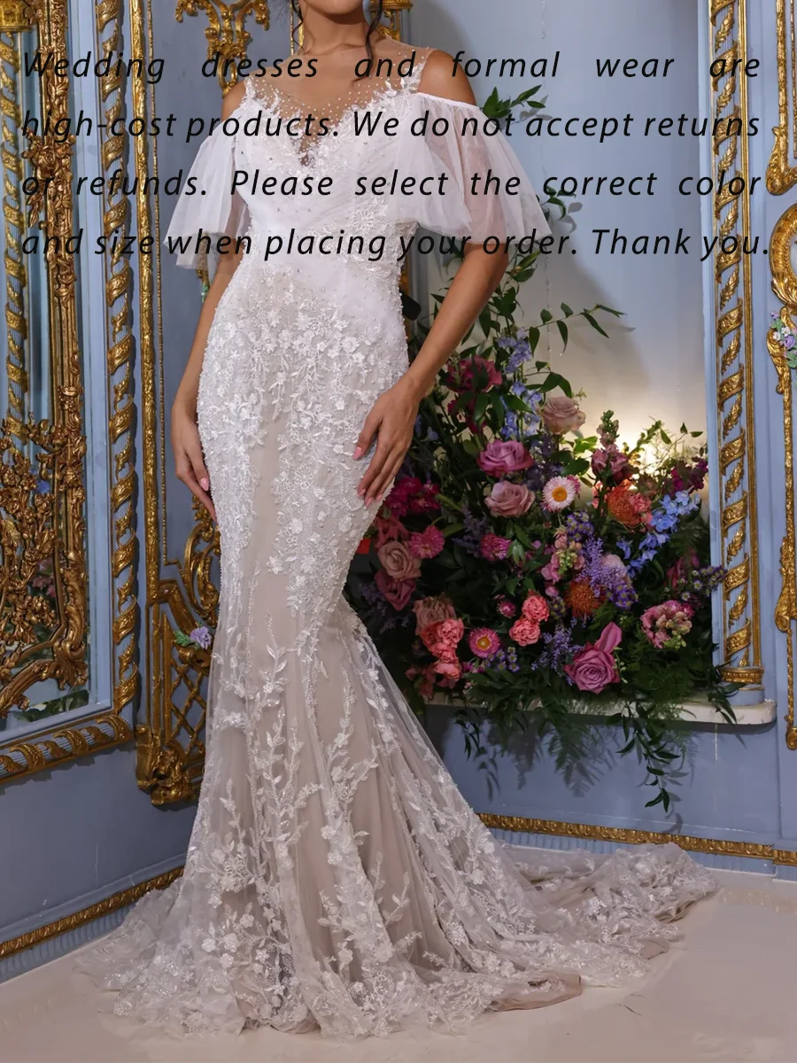 Elegante O-Ausschnitt Applikationen Perlen Puffärmel Meerjungfrau Braut Brautkleider Brautkleider Maßgeschneidert