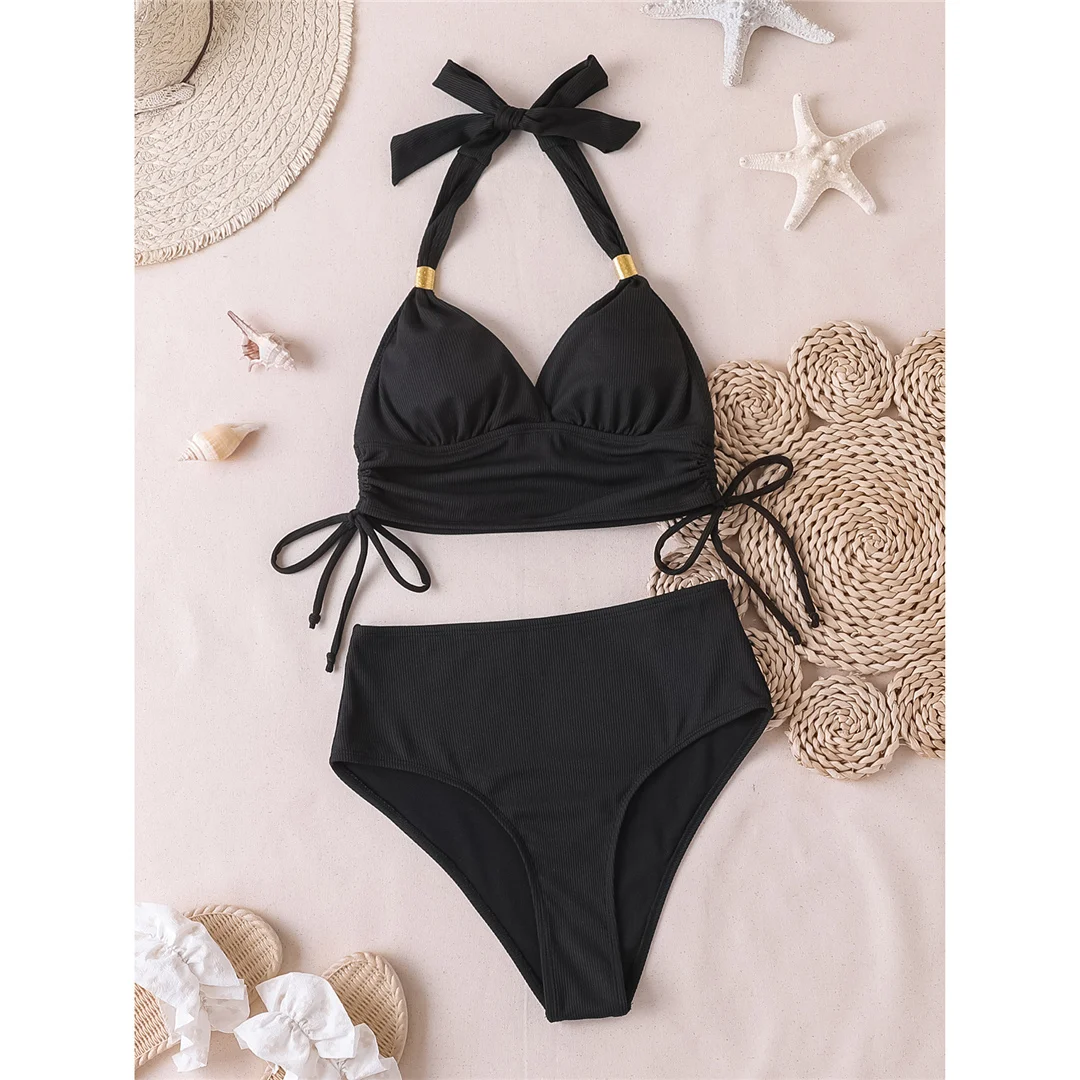 S - XXL 2026 Gerippter Neckholder-Bikini mit mittelhohem Bund, Damen-Badeanzug, zweiteiliger Bikini-Set, Badebekleidung, Badeanzug, Schwimmanzug V6447 – Detail 13