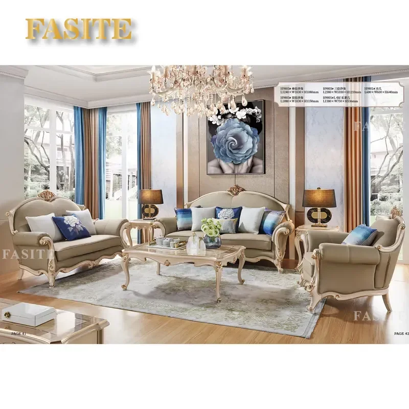 For Italian Luxury Living Room Furniture Carved Solid Wood Leather Upholstered Chaise Longue 1 2 3 Seater Sectional Sofa Set