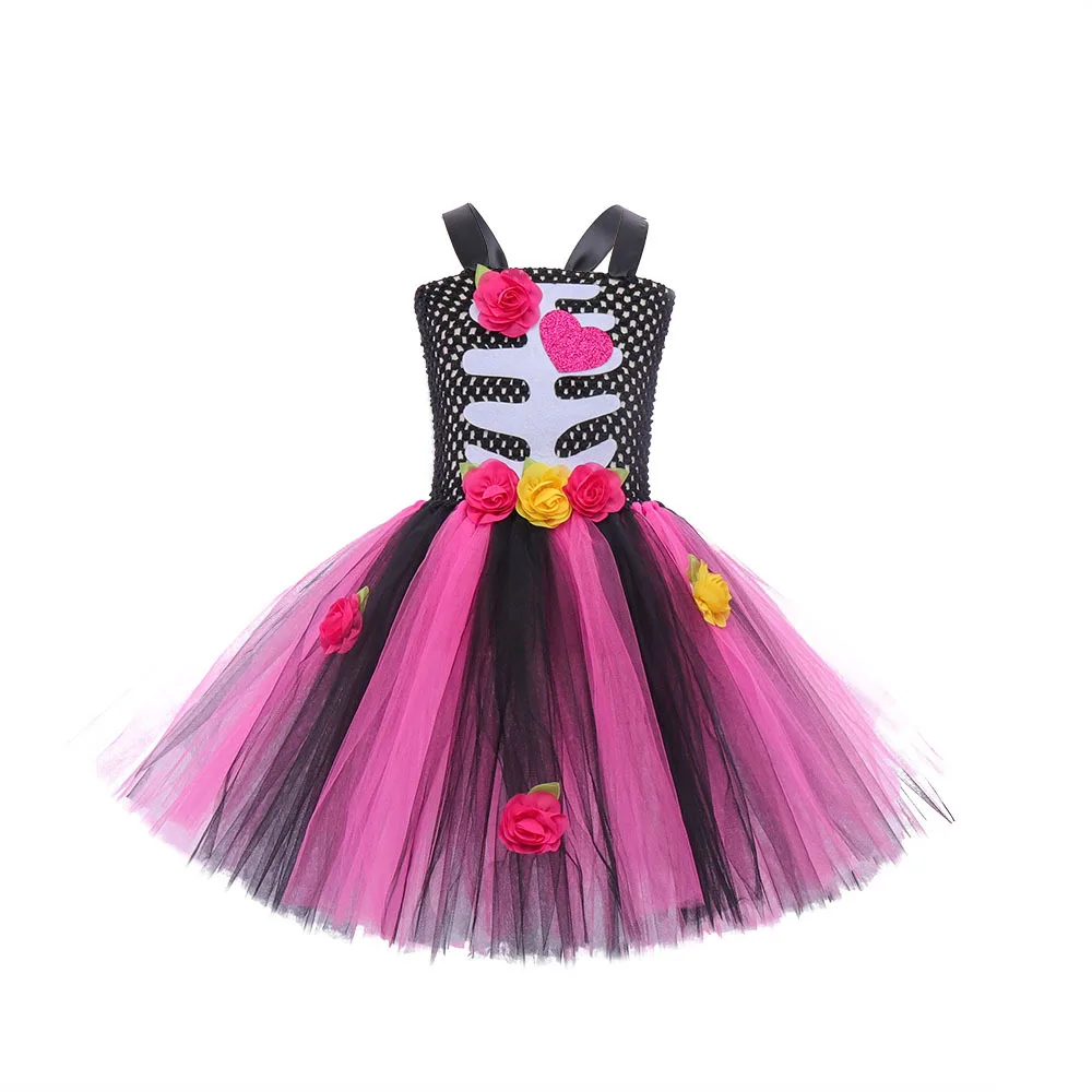 Children Halloween Party Role Play Skeleton Witch Style Fancy Spaghetti Strap Tulle Dress With Unique Design Headband Set Outfit