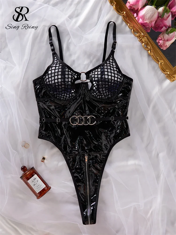 

SINGREINY 2024 Leather Sexy Bodysuit Fashion Zipper Open Crotch Erotic Rompers Backless Mesh Sheer Hollow Out Sheath Playsuit