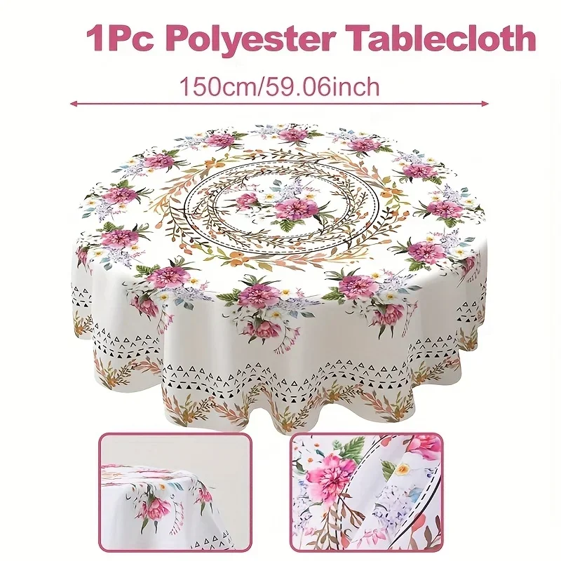 One piece, powder-white flowered polyester round tablecloth, diameter 59.06 inches, yzb