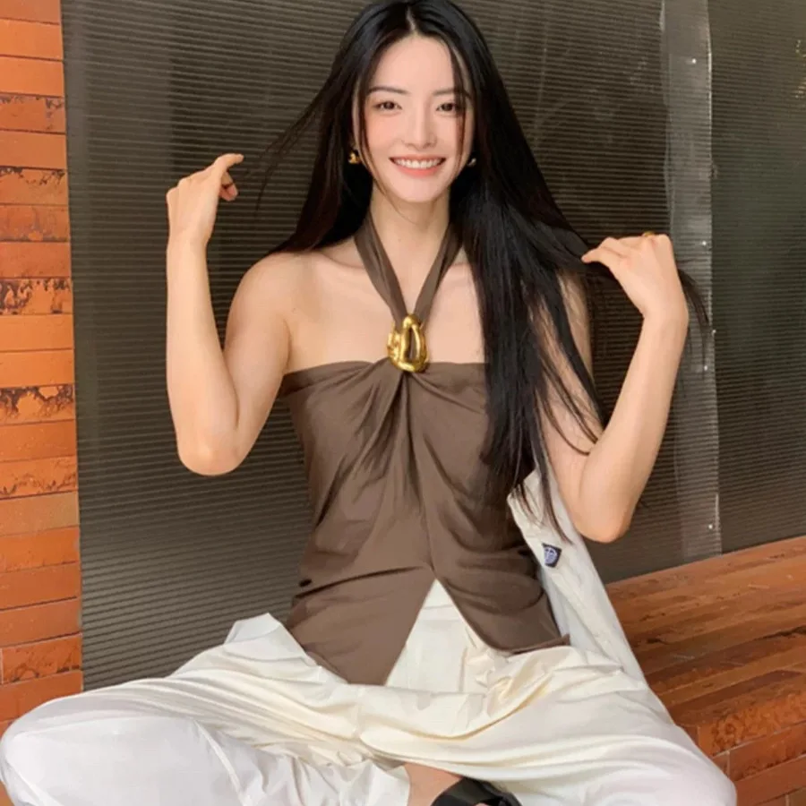 

customized women's adult fashion clothing sexy French buckle hanging neck strap backless split suspender top slimming skirt set