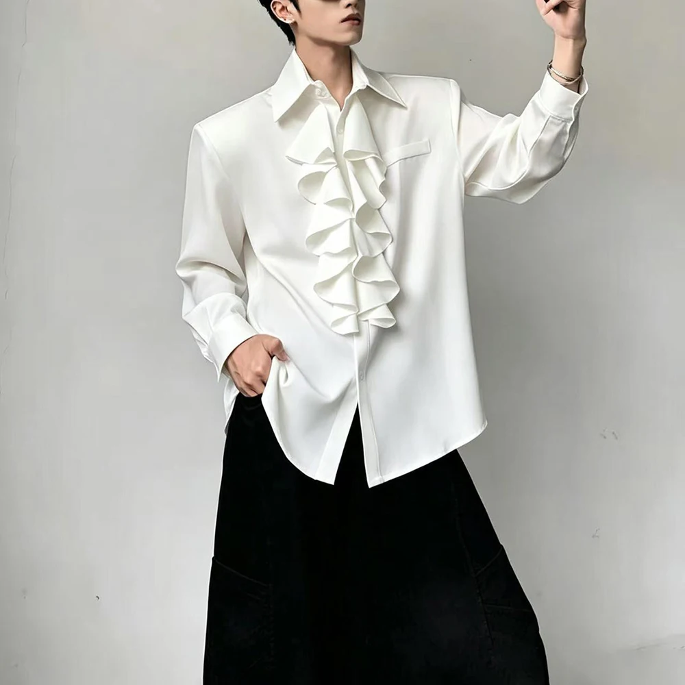 Mens Y2k Ruffle Collar Padded Shoulder Casual Shirt Streetwear Fashion Campus City Boy Youth Outdoor Daily Long Sleeve Top 2026
