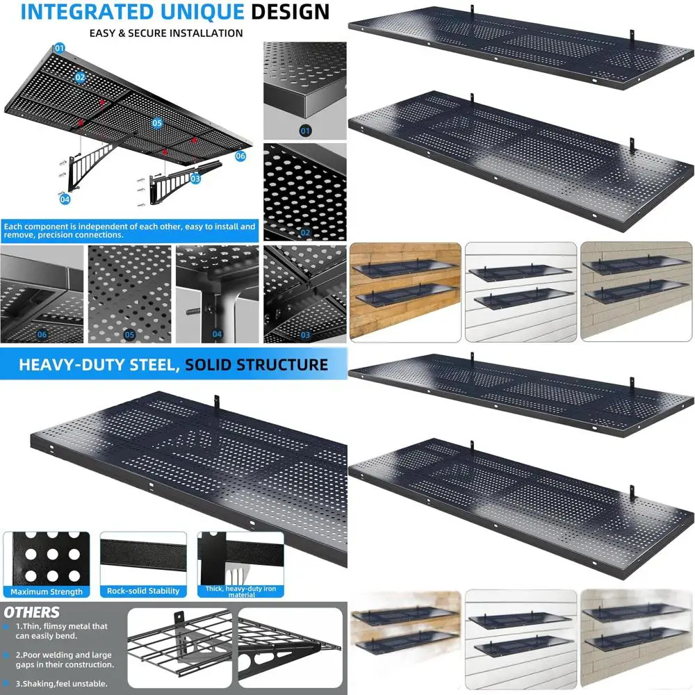 

Двухуровневая усиленная настенная полка для гаража, грузоподъемность 236 кг, черная, с крючками для хранения