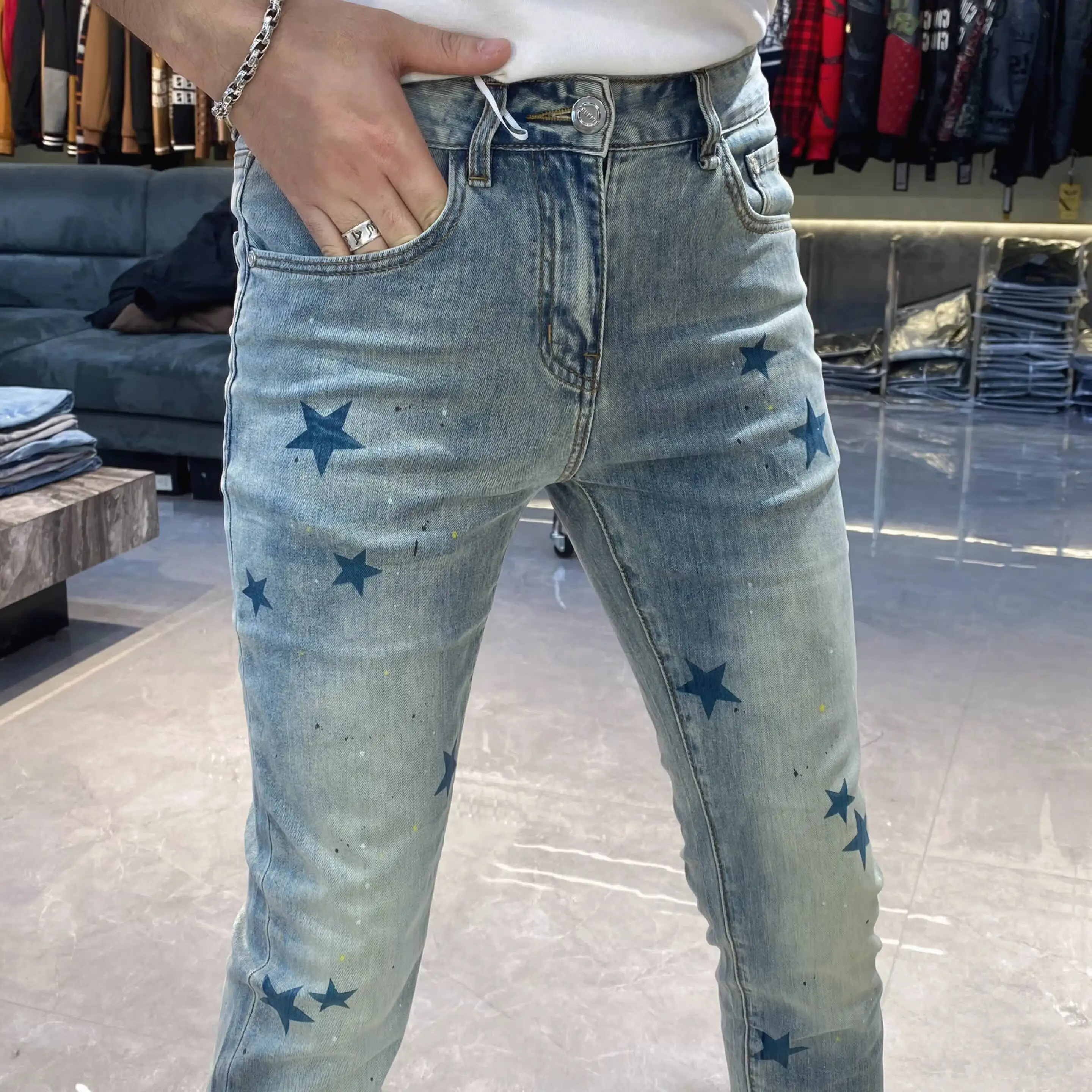 European Style Slim Fit Stretch Star Print Blue Jeans Men Spring Summer Skinny Jeans For Men Jean Masculina Vaqueros Hombre 2026