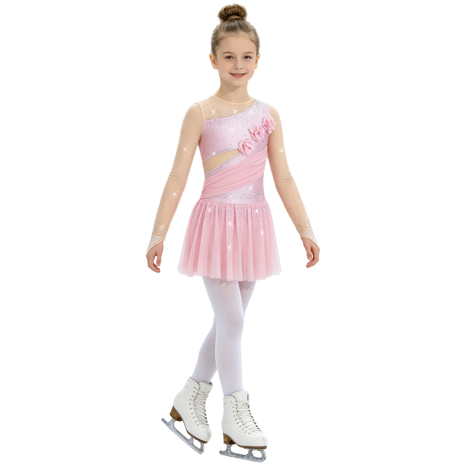 Children Girls Figure Ice Skating Leotard Dress Long Sleeve Mesh Rhinestone Gymnastics Acrobatics Ballet Lyrical Dance Dresses