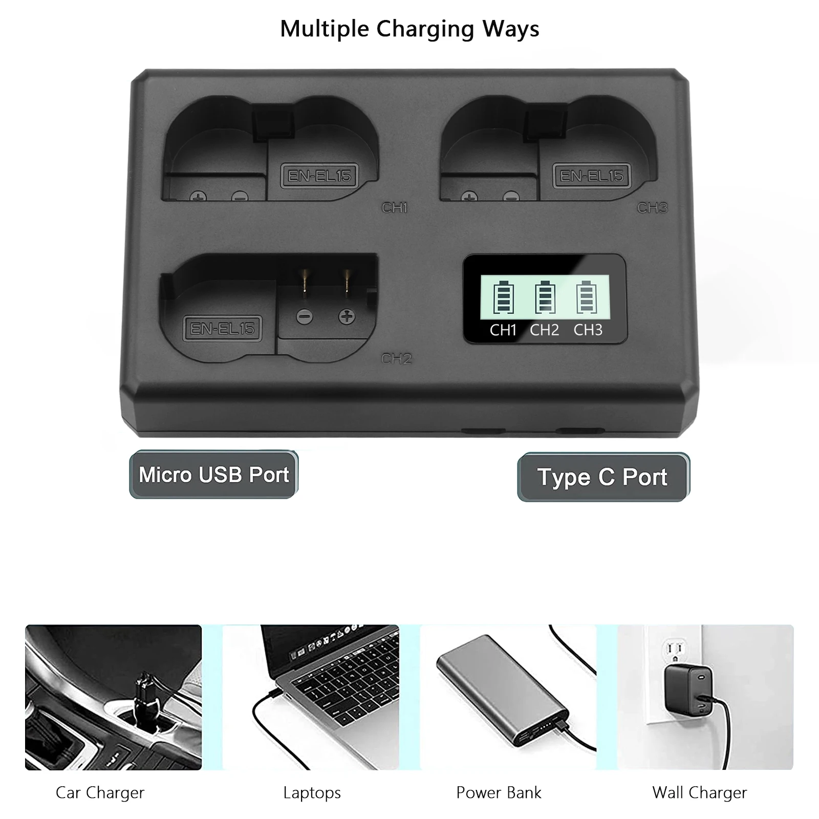 3 Slot LCD Charger EN-EL15C EL15 Battery Charger for Nikon Z8 Z7II Z6II Z7 Z6 Z5 Zf D7500 D7200 D7000 D860 D850 D810 D600