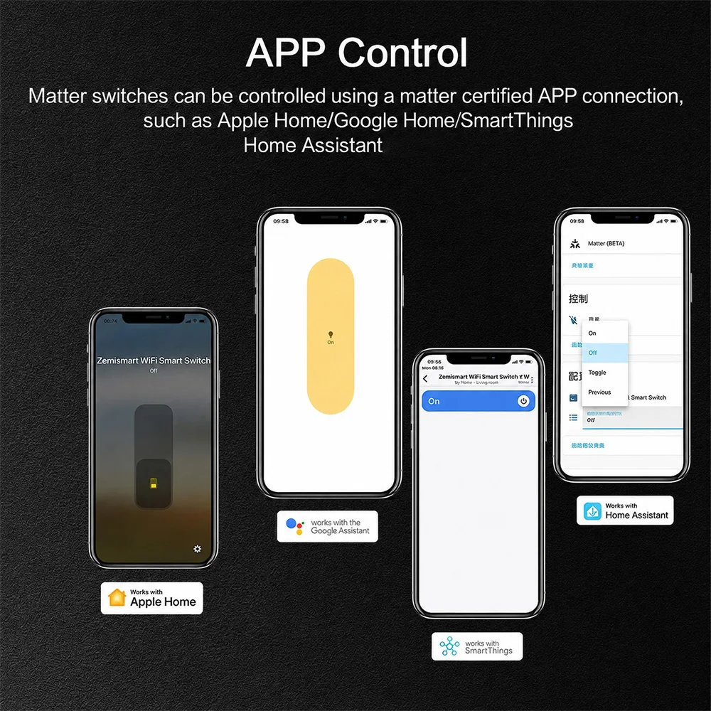 Zemismart Matter over WiFi 3-Way Smart Wall Light Switch with Frame Support Homekit Google Home SmartThings Control