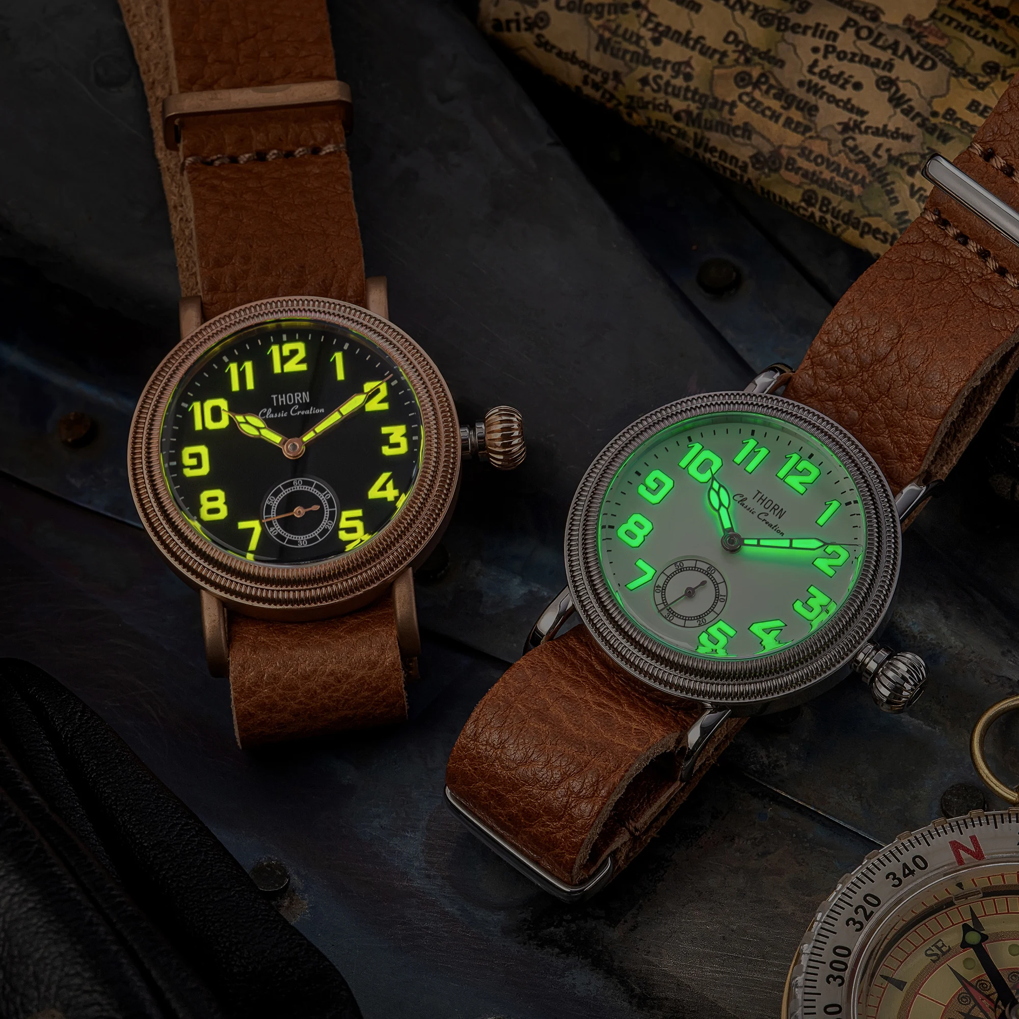 ثورن T013 خمر الطيار ساعة الياقوت فقاعة الزجاج ST1700 حركة مضيئة 5Bar مقاوم للماء 36 مللي متر الرجال ساعات آلية