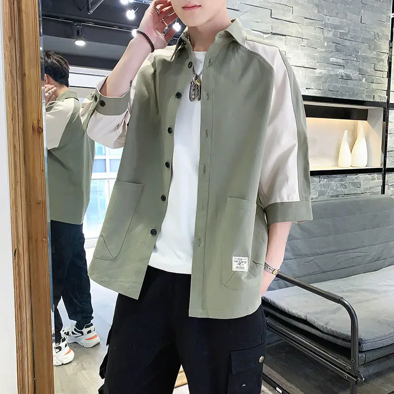 Sommer Casual Herren irt Haome Loose Seven-Viertel Sve Trendy Workwear ort Sve Open Cardigan Youth Faion