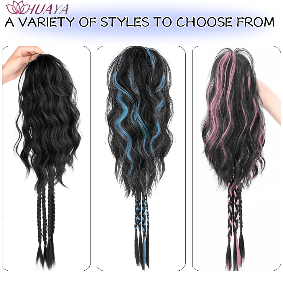 HUAYA Synthetic Claw Clip Ponytail Braid Hair Extensions Long Curly Hair Black Blue Pink Mixed Hair Pony Tail For Women