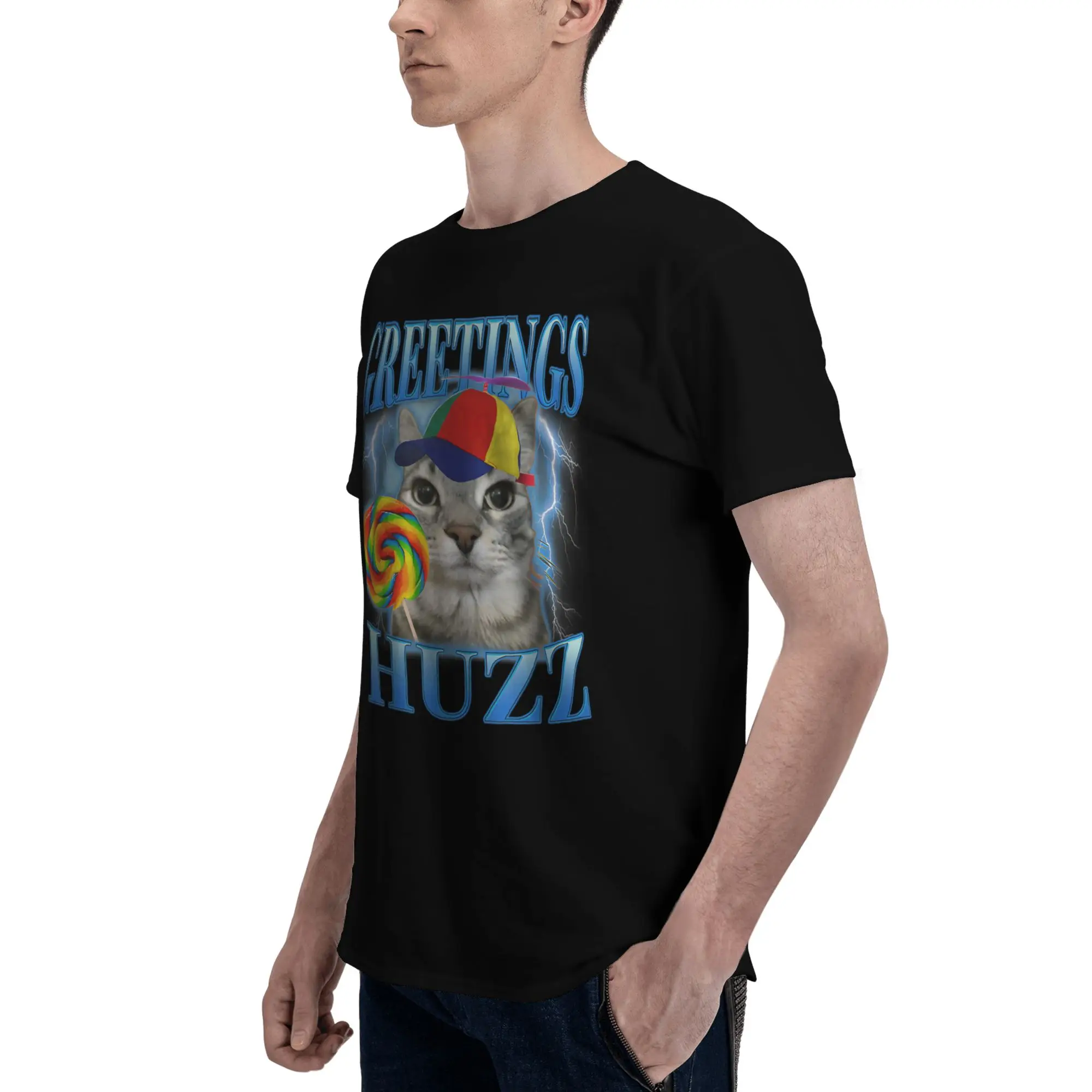 تحيات Huzz Lollipop Cat Meme تي شيرت للجنسين قصيرة الأكمام تي شيرتات ورق الرسم البياني الصيف نمط فضفاض المتضخم القطن Camisetas