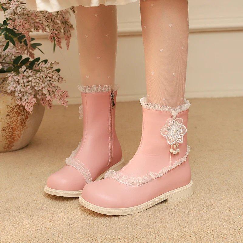 

YQBTDL Sweet Lace Flower Ankle Boots Girls Pearls Side Zipper Footwear 2025 Autumn Party Princess Shoes Pink Beige Black