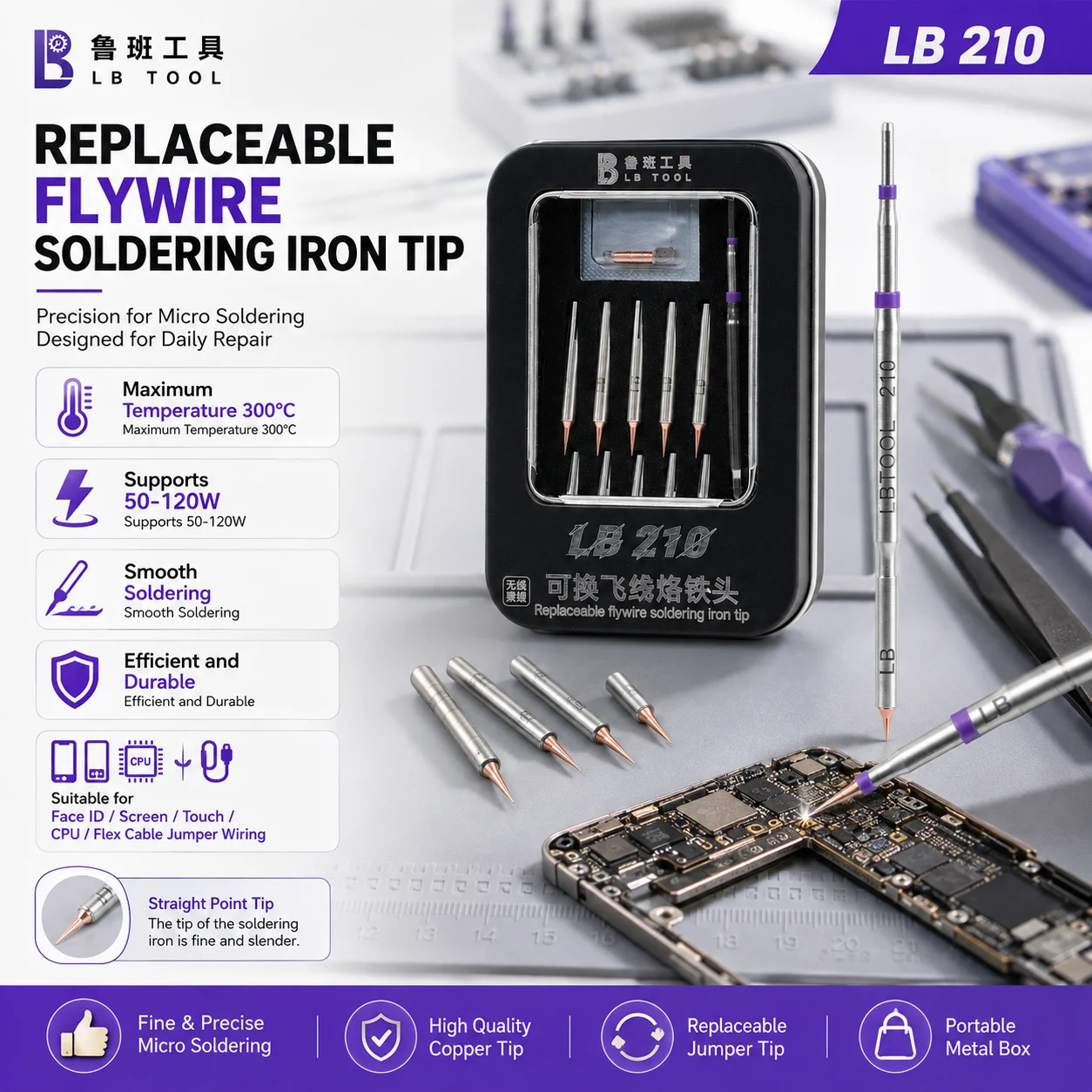 LB TOOL LB210 Replaceable Flywire Soldering Tip Set 1 Handle 10 Pure Copper Tips for Face ID Screen Touch CPU Flex Cable Repair