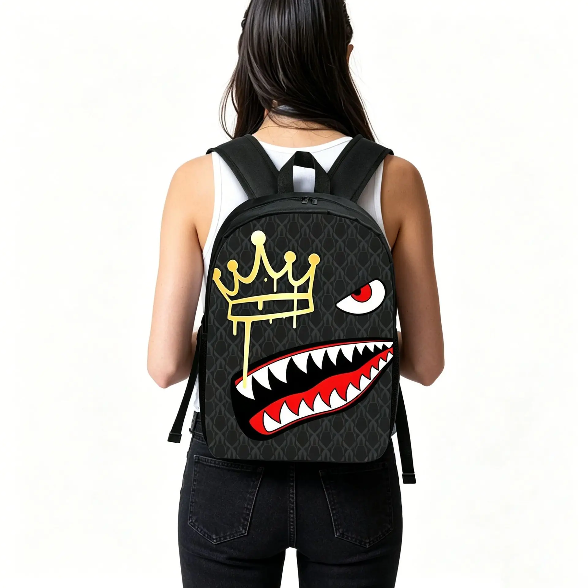 Large Capacity Black Cartoon Graphic Backpack with Mouth Print Lightweight School Bag Casual Daypack for Teenage Students