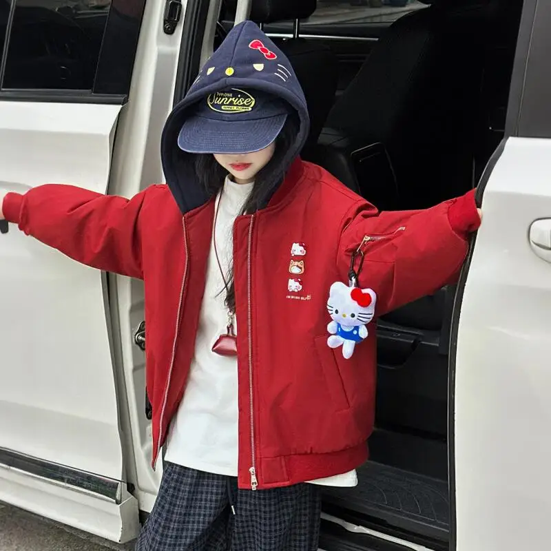 

Горячая бейсбольная майка Sanrio Y2K для девочек Hello Kitty Kawaii, аниме, зимняя студенческая теплая утепленная верхняя одежда, детская одежда, новый стиль