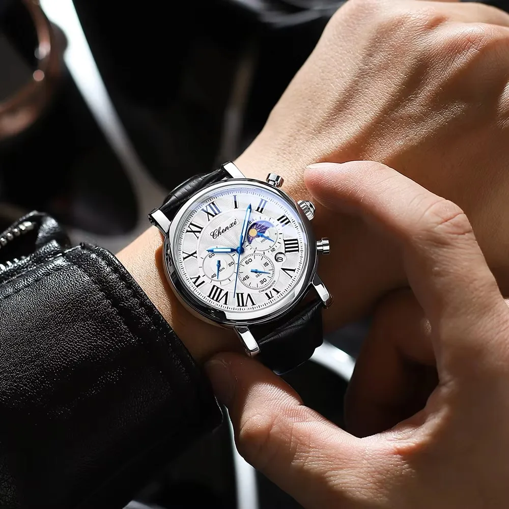 CHENXI-ساعة كوارتز شفافة للرجال ، حركة متعددة الوظائف ، حزام جلد أسود مقاوم للماء ، ساعات إضاءة ليلية ، تقويم ،