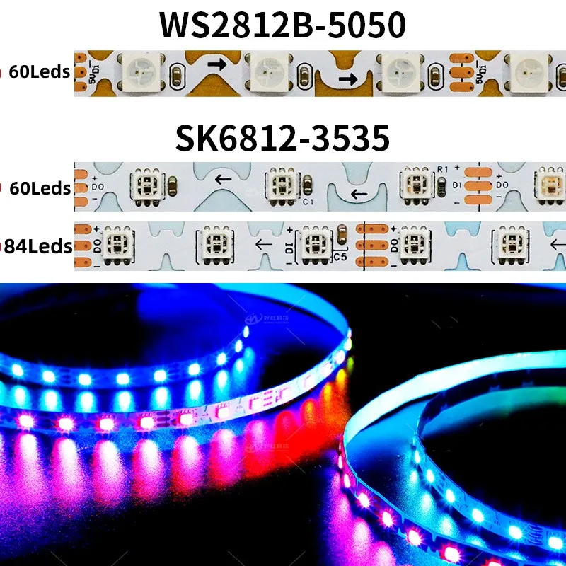 5Meter DC5V WS2812B DC12V Sk6812 taśma Led 3535 RGB SMD adresowalny Pixel Led Strip 6MM S kształt elastyczny pasek Led 60 diod/m
