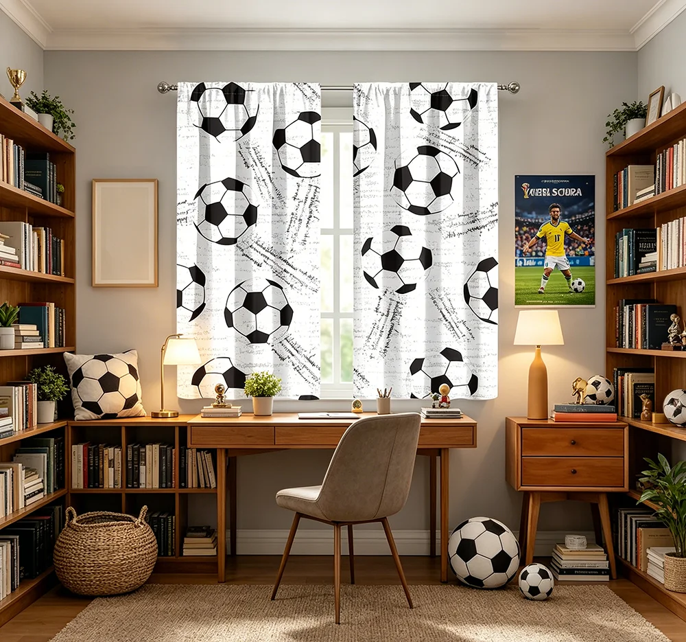 2PCS Digital Printed Curtains, Ink Mark Soccer Ball Artistic Sports, Rod Pocket Window Drapes for Living Room Bedroom Decor