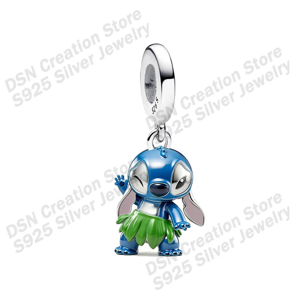 Disney 925 Silver Charm Hawaiian grass skirt dancing Stitch dangle charm for Bracelet pendant creative Charm Luxury Jewelry
