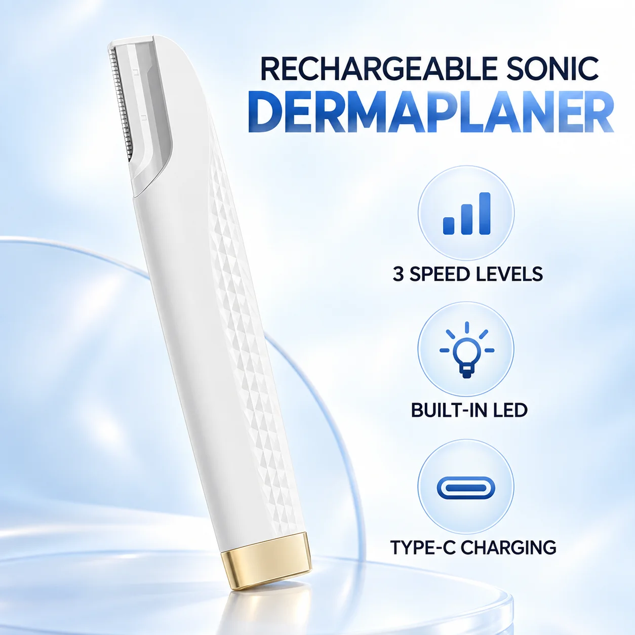 Rechargeable Sonic Dermaplaning Tool for Women 3 Speed Electric Facial Hair and Peach Fuzz Remover with LED Light
