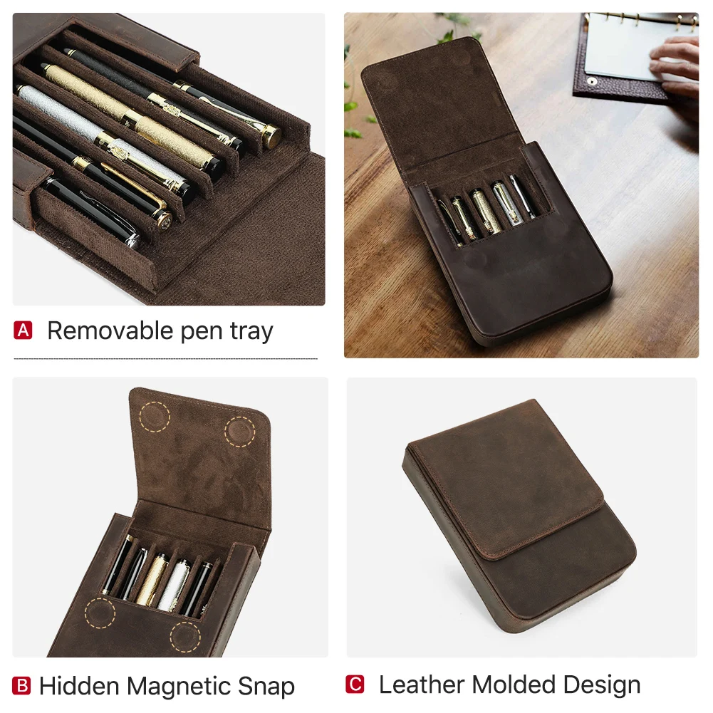 Luxury Genuine Leather 6 Slots Pen Case With Removable Pen Tray Holder Pencil Case Office School Supplies Pouch Creative Gift