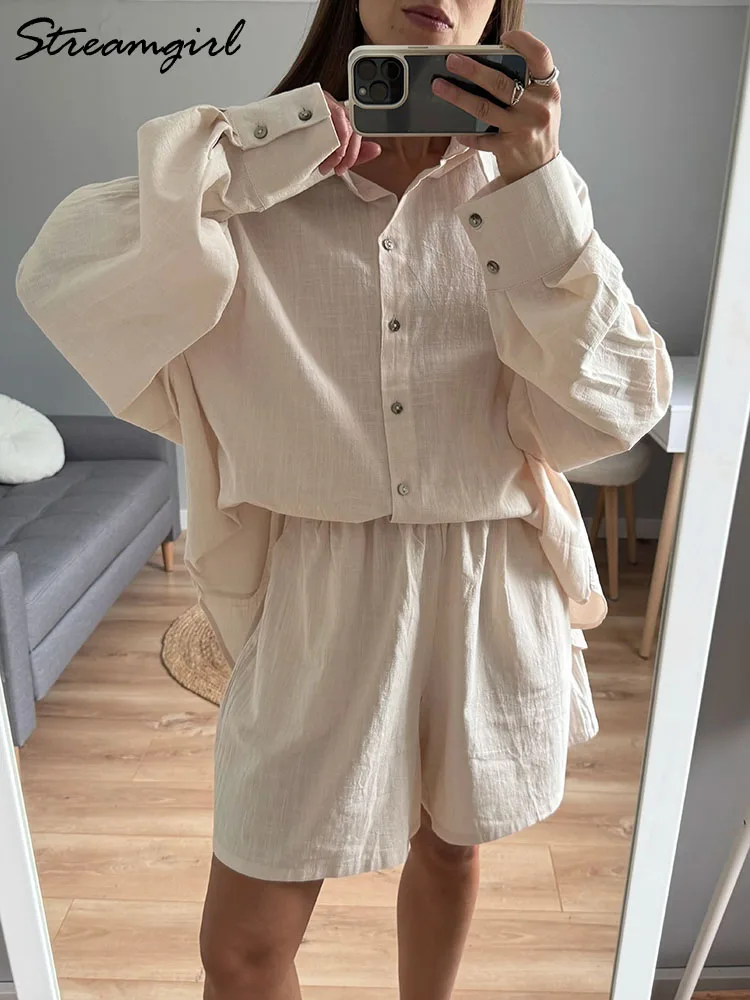 Loose Cotton Linen Shorts Sets Women Two Piece Set 2024 Oversized Long Sleeve Shirts And Shorts Sets For Women Summer  2 Piece