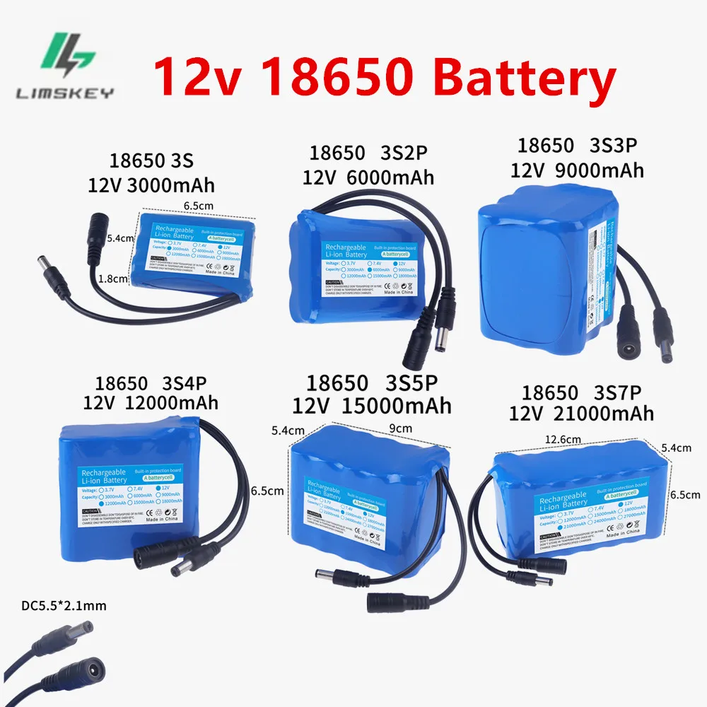 18650 12V 3S1P 3S2P 3S3P 3s5p 3S7P 3000mAh -21000mAh Lithium-ion Battery Pack for Backup Power Supply CCTV Cameras+12.6V Charger