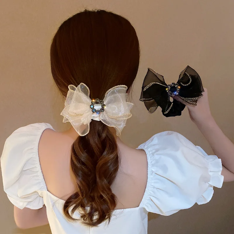 

Bling Rhinestones Hair Bows Scrunchies Ties Korean Rope Chiffon Rubber Bands Ponytail Holder Girls Hair Accessories For Women