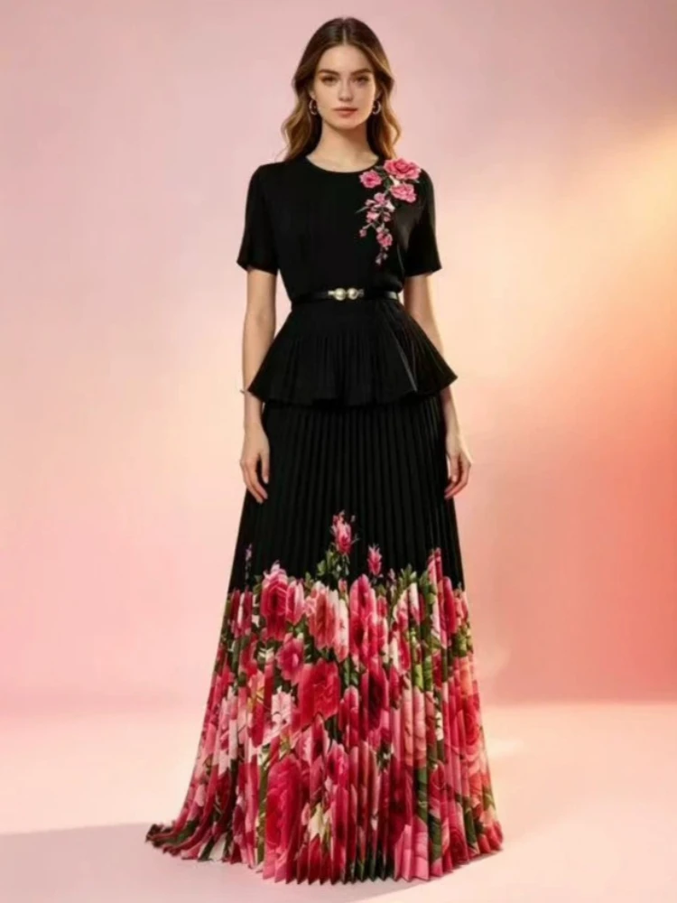 EGRM Pleated Print Women's Two Pieces Set Fashion short sleeve Belt slimming Top And Elastic High Waist Skirt Sets 2026 New 7G11 view 2