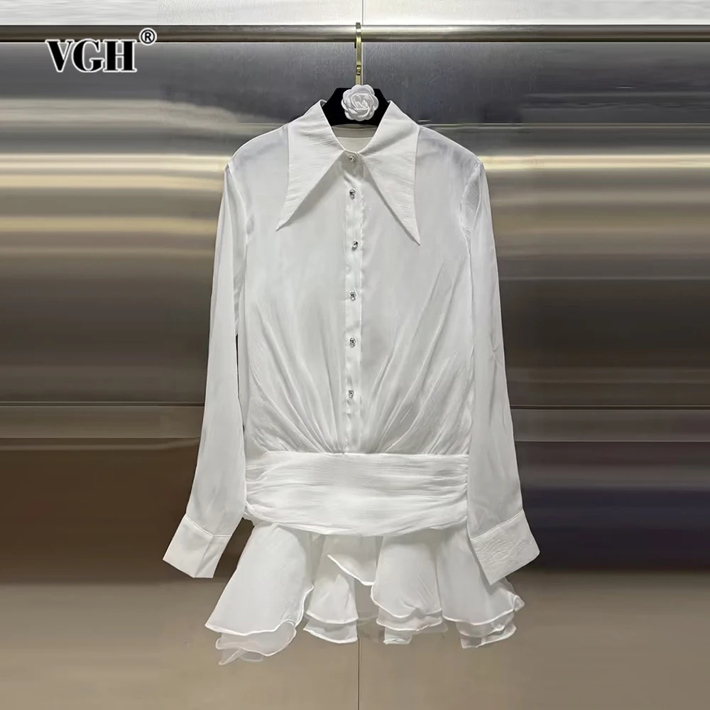 

VGH Solid Patchwork Folds Dresses For Women Lapel Long Sleeve High Waist Spliced Single Breasted Elegant Dress Female Style New