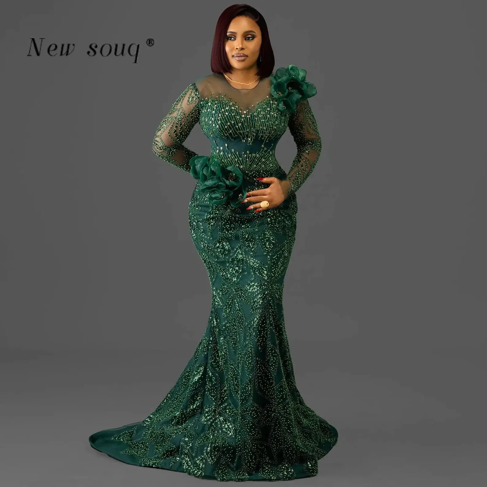 African Plus Size Green Long Sleeves Mermaid Evening Dresses Elegant Aso Ebi Beaded Flowers Prom Wedding Party Gowns