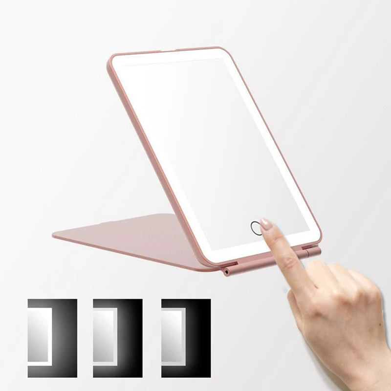 1 Set LED Mirror Portable Folding Tricolor Dimming Makeup Mirror Ultrathin Travel Charge Mirror