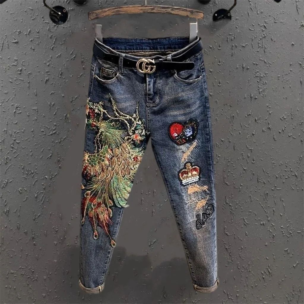 

New Chinese Style Shiny Phoenix Women's Jeans Elastic Slim Fit Fashionable Spring 2024 Long Pants Natural Waist Zipper